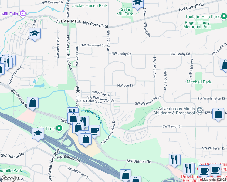 map of restaurants, bars, coffee shops, grocery stores, and more near 10674 Southwest Adele Drive in Portland