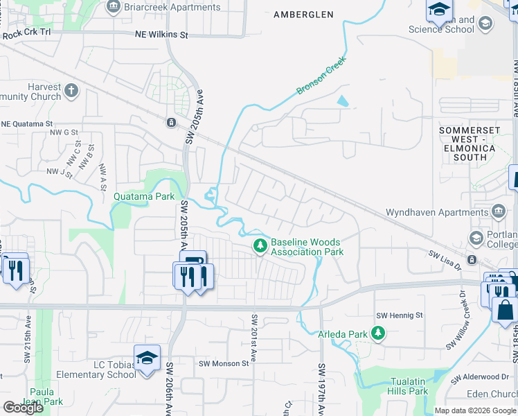 map of restaurants, bars, coffee shops, grocery stores, and more near 148 Redwood Drive in Beaverton