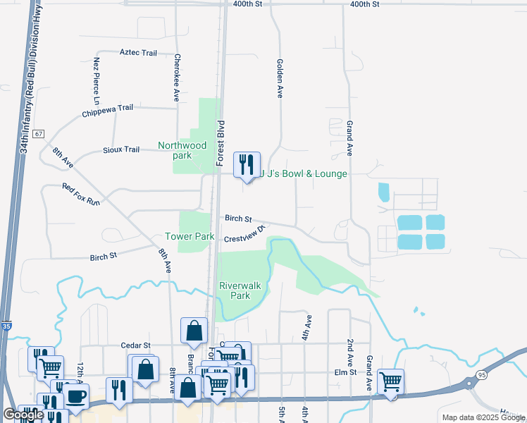 map of restaurants, bars, coffee shops, grocery stores, and more near 6461 Birch Street in North Branch