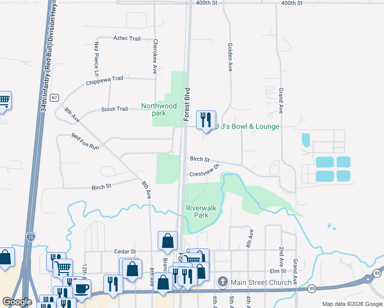 map of restaurants, bars, coffee shops, grocery stores, and more near 6395 Birch Street in North Branch