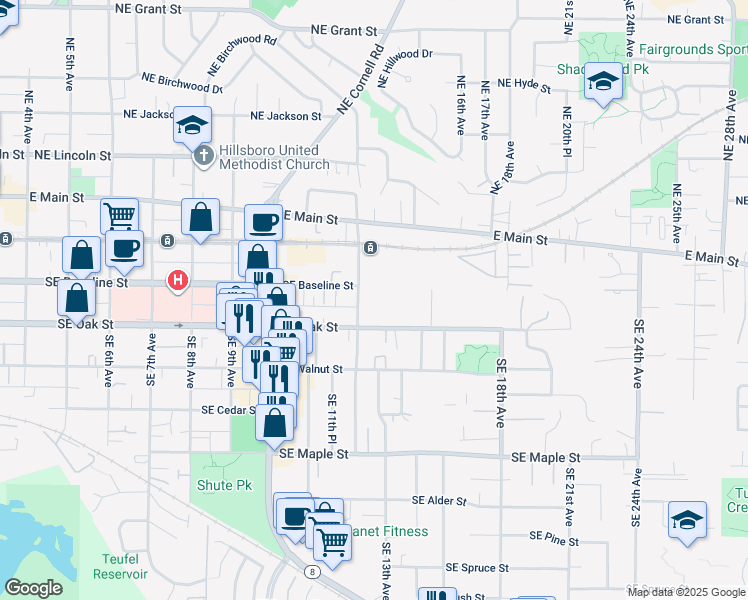map of restaurants, bars, coffee shops, grocery stores, and more near 356 Southeast 12th Avenue in Hillsboro