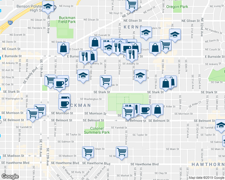 map of restaurants, bars, coffee shops, grocery stores, and more near 2103-2105 Southeast Stark Street in Portland