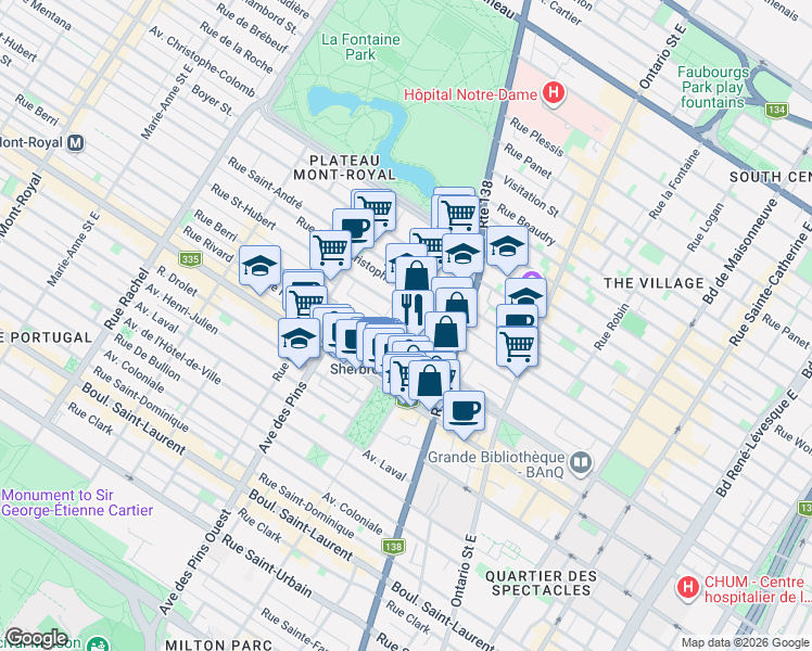 map of restaurants, bars, coffee shops, grocery stores, and more near 534 Rue Cherrier in Montréal