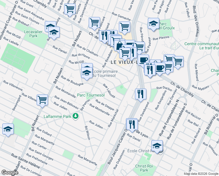 map of restaurants, bars, coffee shops, grocery stores, and more near 2599 Rue Labonté in Longueuil