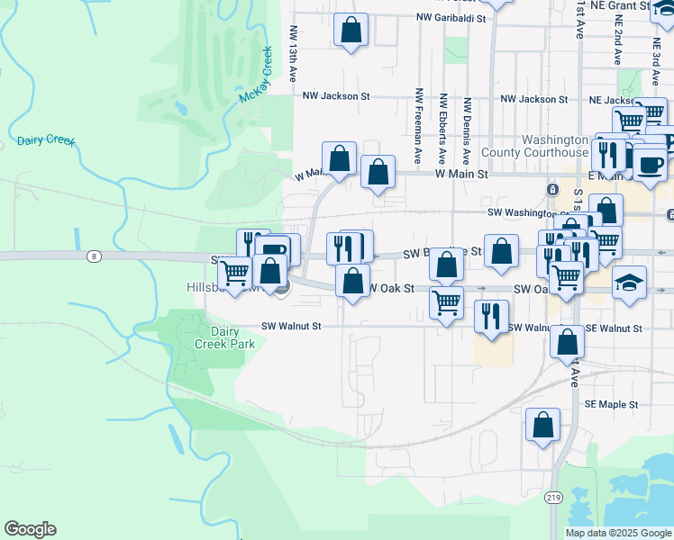 map of restaurants, bars, coffee shops, grocery stores, and more near 1050 Southwest Baseline Street in Hillsboro