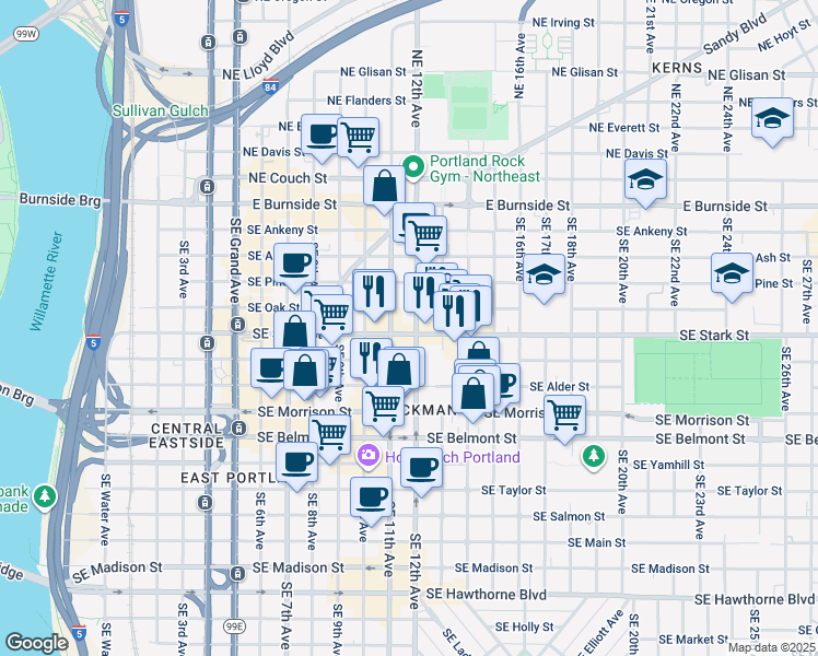 map of restaurants, bars, coffee shops, grocery stores, and more near 1177 Southeast Stark Street in Portland