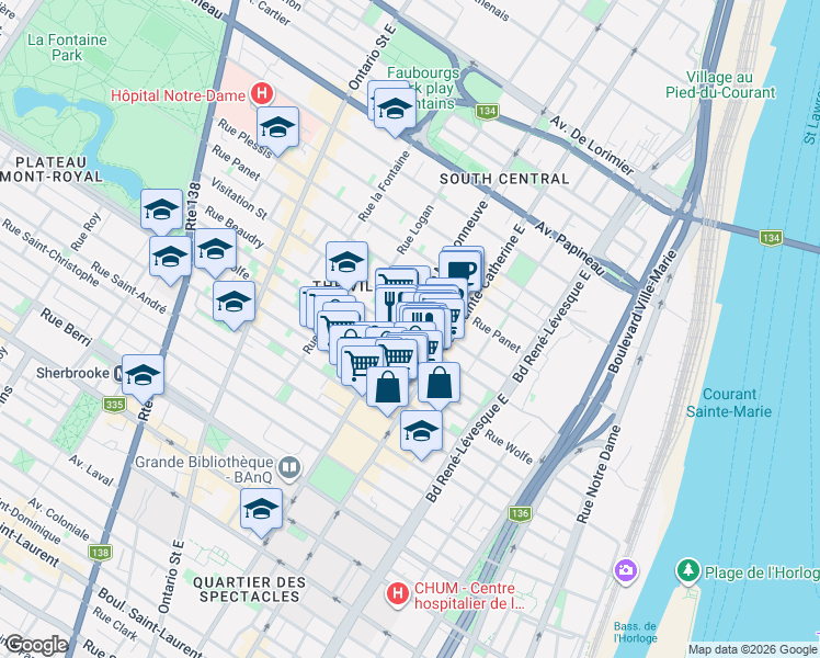 map of restaurants, bars, coffee shops, grocery stores, and more near 1507 Rue Beaudry in Montréal