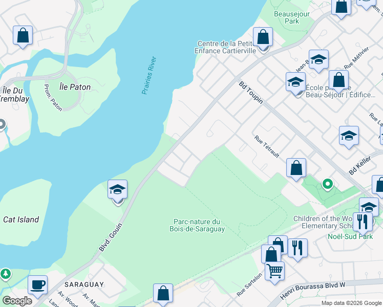 map of restaurants, bars, coffee shops, grocery stores, and more near 12280 Avenue Antoine Berthelet in Montreal