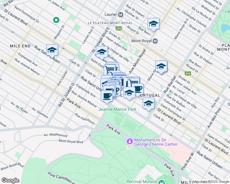 map of restaurants, bars, coffee shops, grocery stores, and more near in Montreal