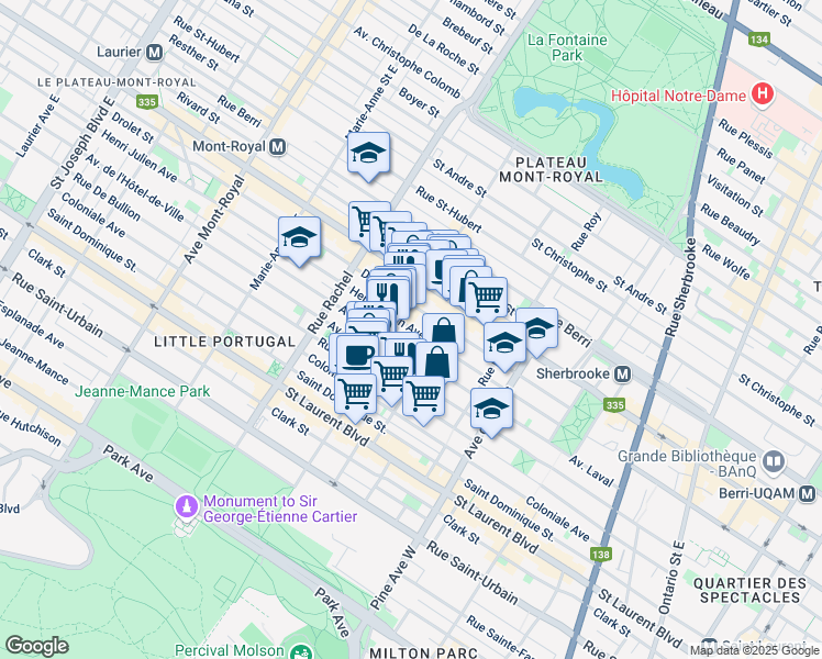 map of restaurants, bars, coffee shops, grocery stores, and more near 3992 Henri Julien Avenue in Montreal
