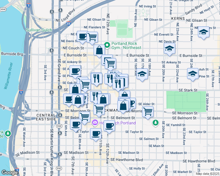 map of restaurants, bars, coffee shops, grocery stores, and more near 1313 East Burnside Street in Portland