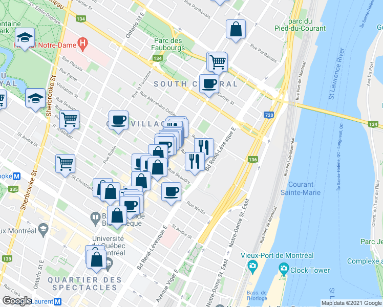 map of restaurants, bars, coffee shops, grocery stores, and more near 1257 Rue Panet in Montréal