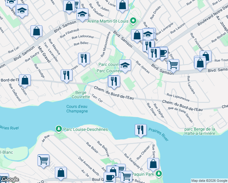 map of restaurants, bars, coffee shops, grocery stores, and more near 563 Chemin du Bord-de-l'Eau in Laval