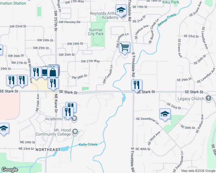 map of restaurants, bars, coffee shops, grocery stores, and more near 3000 Southwest Corbeth Lane in Troutdale