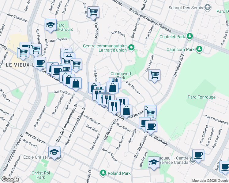 map of restaurants, bars, coffee shops, grocery stores, and more near 3053 Rue Masson in Longueuil