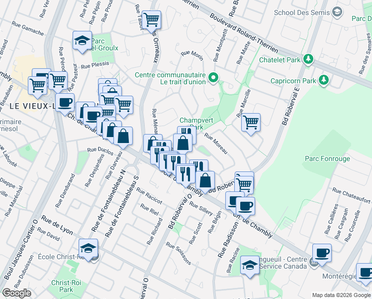 map of restaurants, bars, coffee shops, grocery stores, and more near 3053 Rue Masson in Longueuil