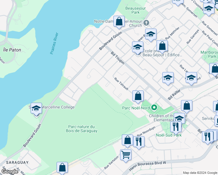 map of restaurants, bars, coffee shops, grocery stores, and more near 12092 Avenue du Beau-Bois in Montréal