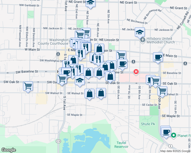 map of restaurants, bars, coffee shops, grocery stores, and more near 363 Southeast Oak Street in Hillsboro