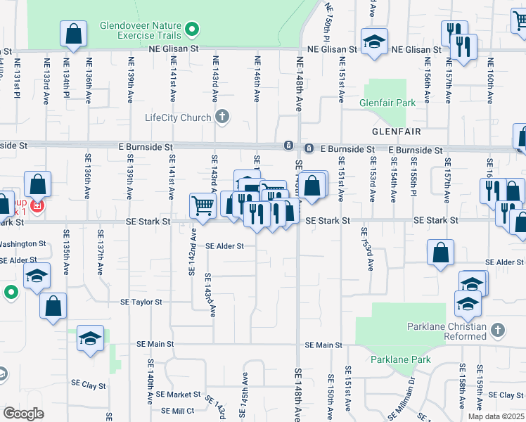 map of restaurants, bars, coffee shops, grocery stores, and more near 14643 Southeast Stark Street in Portland