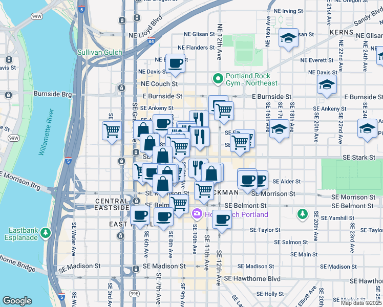 map of restaurants, bars, coffee shops, grocery stores, and more near 421 Southeast 10th Avenue in Portland