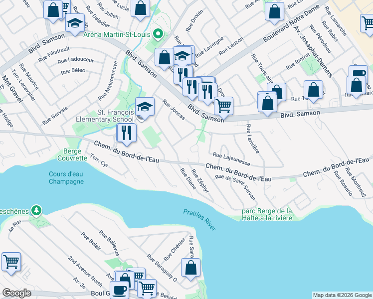 map of restaurants, bars, coffee shops, grocery stores, and more near 555 Terrasse Germaine in Laval