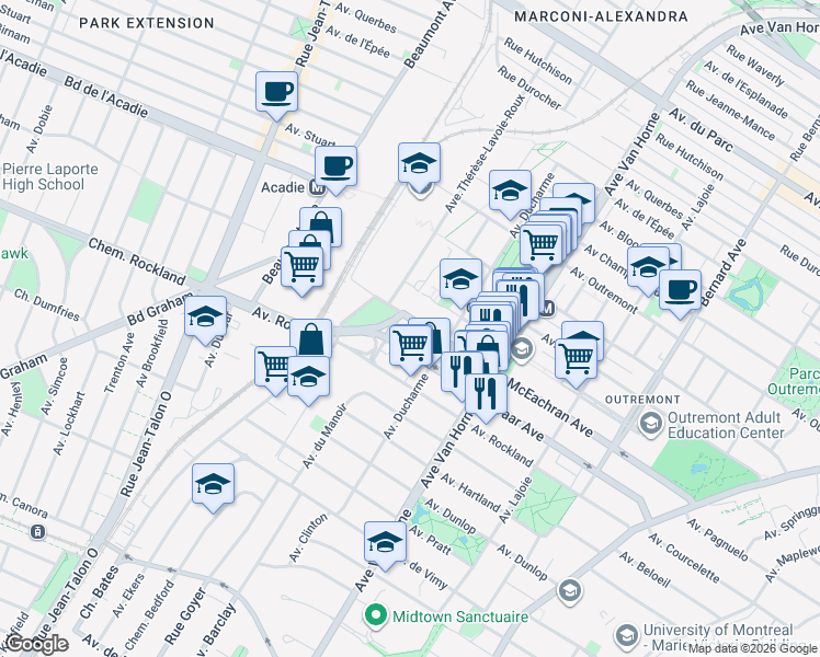 map of restaurants, bars, coffee shops, grocery stores, and more near 970 Avenue McEachran in Montréal