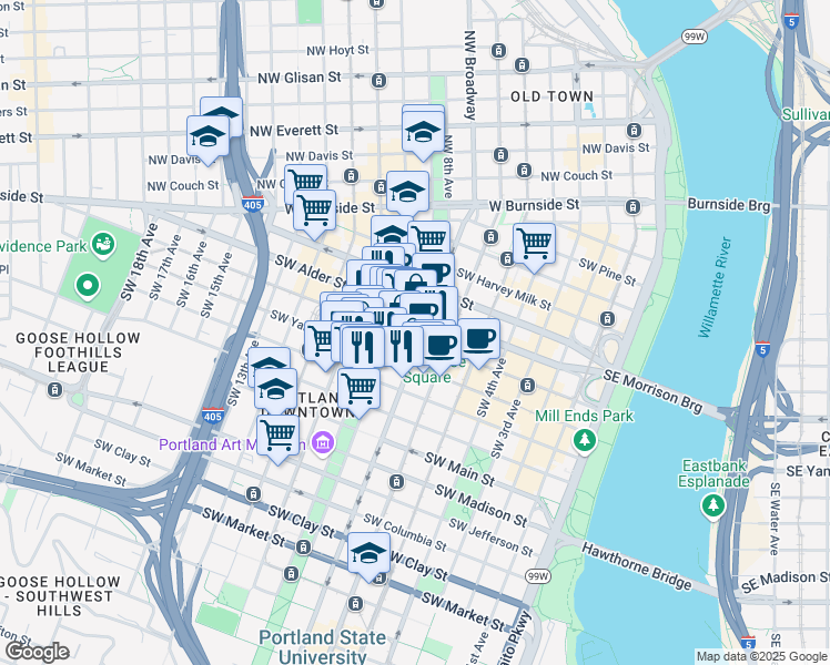 map of restaurants, bars, coffee shops, grocery stores, and more near in Portland