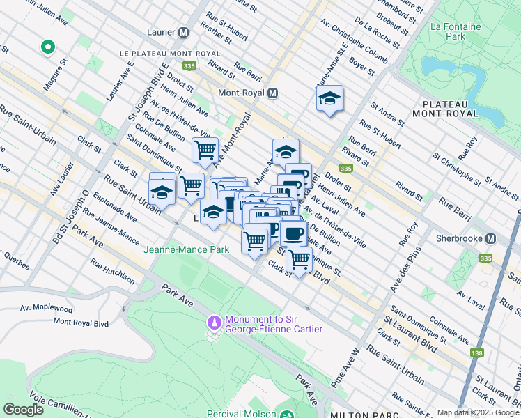 map of restaurants, bars, coffee shops, grocery stores, and more near 4294 Avenue Coloniale in Montréal
