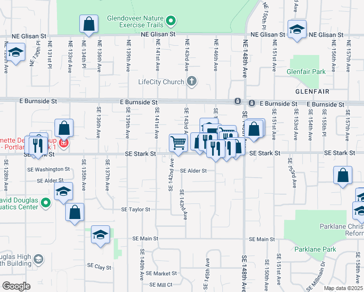 map of restaurants, bars, coffee shops, grocery stores, and more near 423 Southeast 143rd Avenue in Portland
