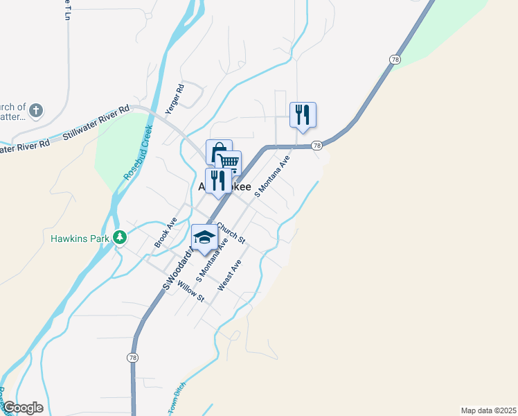 map of restaurants, bars, coffee shops, grocery stores, and more near 5-99 S Montana Ave in Absarokee