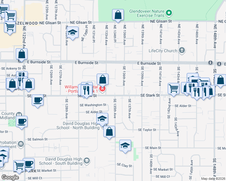 map of restaurants, bars, coffee shops, grocery stores, and more near 13505 Southeast Stark Street in Portland