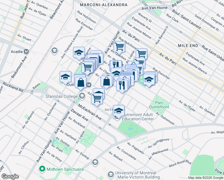 map of restaurants, bars, coffee shops, grocery stores, and more near 1328 Avenue Lajoie in Montréal