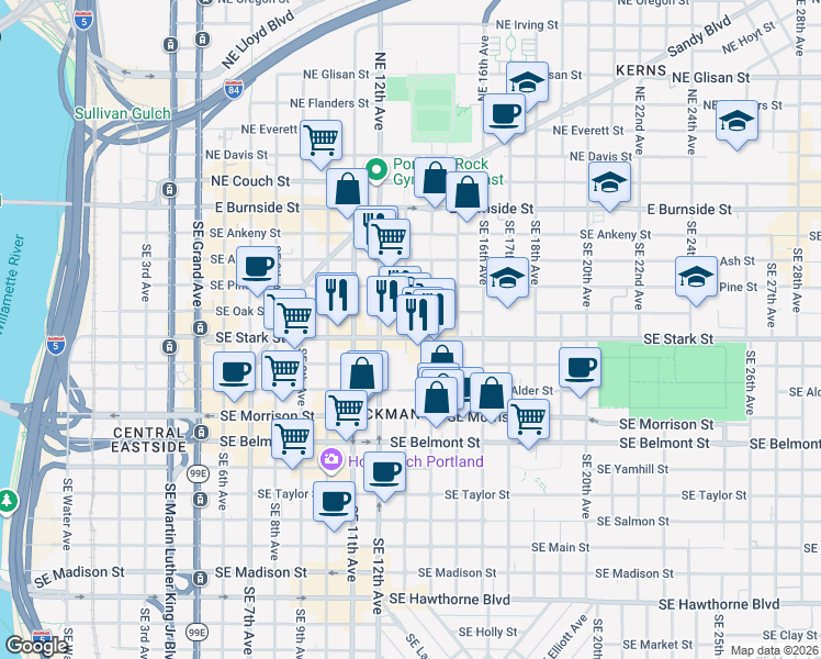 map of restaurants, bars, coffee shops, grocery stores, and more near 1301 Southeast Stark Street in Portland