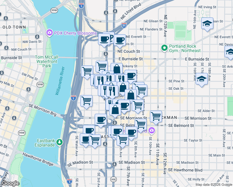 map of restaurants, bars, coffee shops, grocery stores, and more near 420 Southeast Grand Avenue in Portland