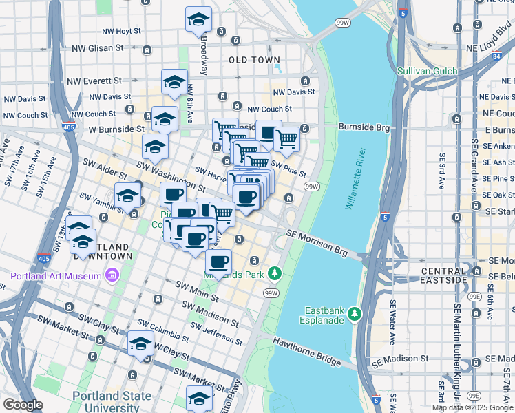 map of restaurants, bars, coffee shops, grocery stores, and more near 431-433 Southwest 2nd Avenue in Portland
