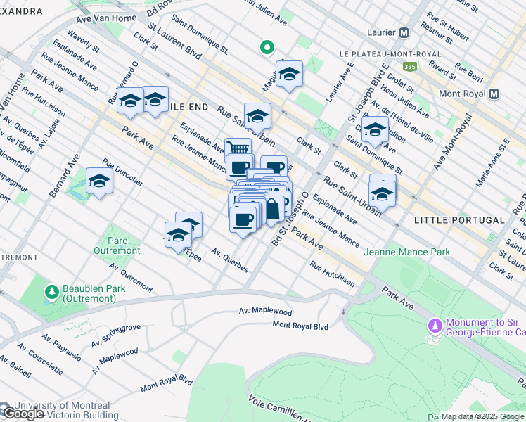 map of restaurants, bars, coffee shops, grocery stores, and more near Av du Parc & Avenue Laurier O in Montréal