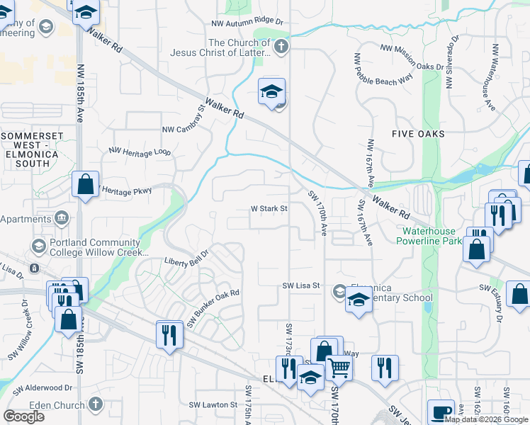 map of restaurants, bars, coffee shops, grocery stores, and more near 17412 Southwest Stark Street in Beaverton