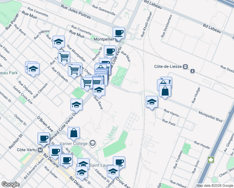 map of restaurants, bars, coffee shops, grocery stores, and more near 750 Montpellier Boulevard in Montreal