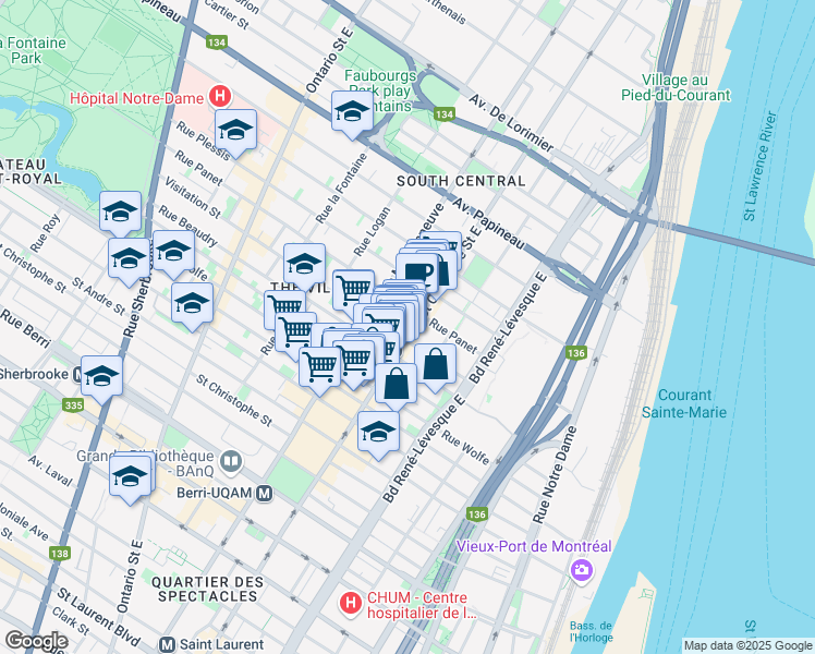 map of restaurants, bars, coffee shops, grocery stores, and more near 1313 Rue Sainte-Catherine Est in Montréal