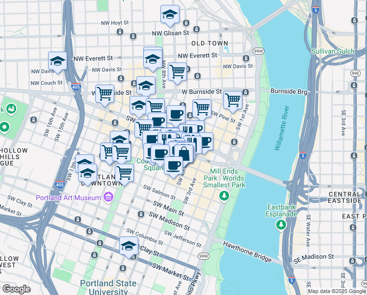 map of restaurants, bars, coffee shops, grocery stores, and more near 522 Southwest 5th Avenue in Portland