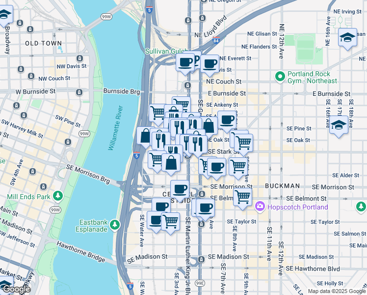 map of restaurants, bars, coffee shops, grocery stores, and more near 425 Southeast 3rd Avenue in Portland