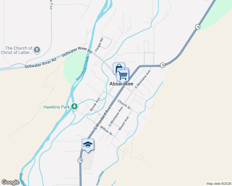 map of restaurants, bars, coffee shops, grocery stores, and more near 113 Church Street in Absarokee