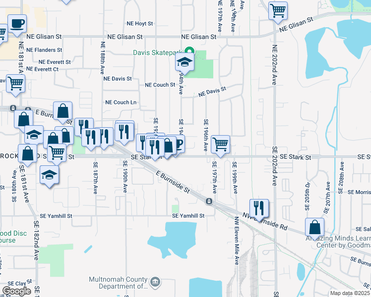 map of restaurants, bars, coffee shops, grocery stores, and more near 19422 Southeast Stark Street in Portland