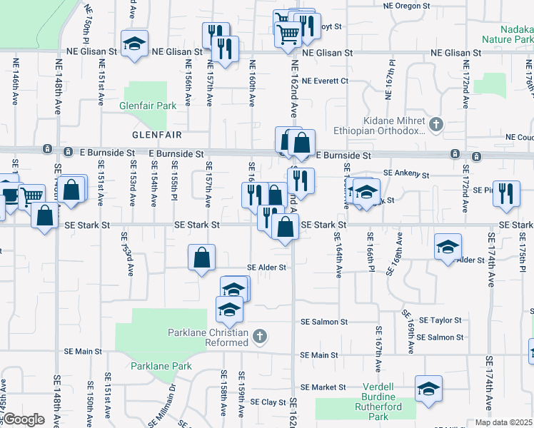 map of restaurants, bars, coffee shops, grocery stores, and more near 16044 Southeast Stark Street in Portland