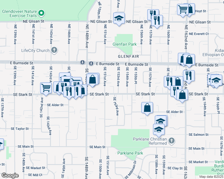 map of restaurants, bars, coffee shops, grocery stores, and more near 15220 Southeast Stark Street in Portland