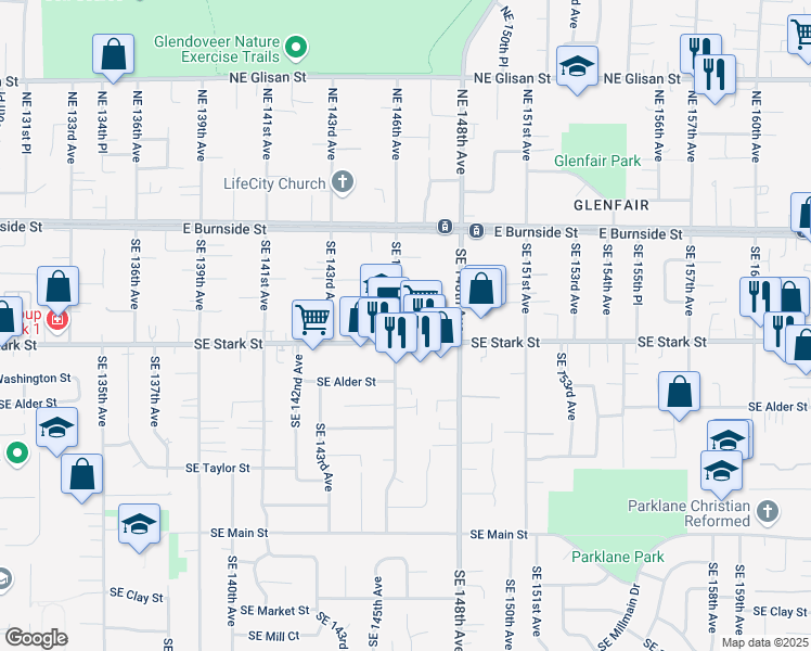 map of restaurants, bars, coffee shops, grocery stores, and more near 14643 Southeast Stark Street in Portland