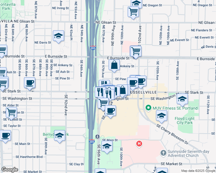 map of restaurants, bars, coffee shops, grocery stores, and more near 9660 Southeast Stark Street in Portland