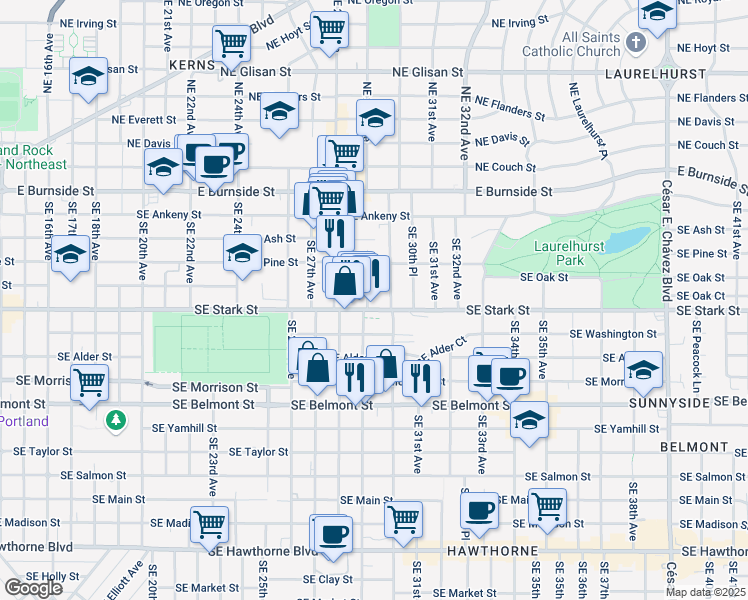 map of restaurants, bars, coffee shops, grocery stores, and more near 510 Southeast 29th Avenue in Portland