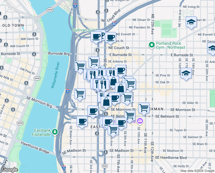map of restaurants, bars, coffee shops, grocery stores, and more near in Portland