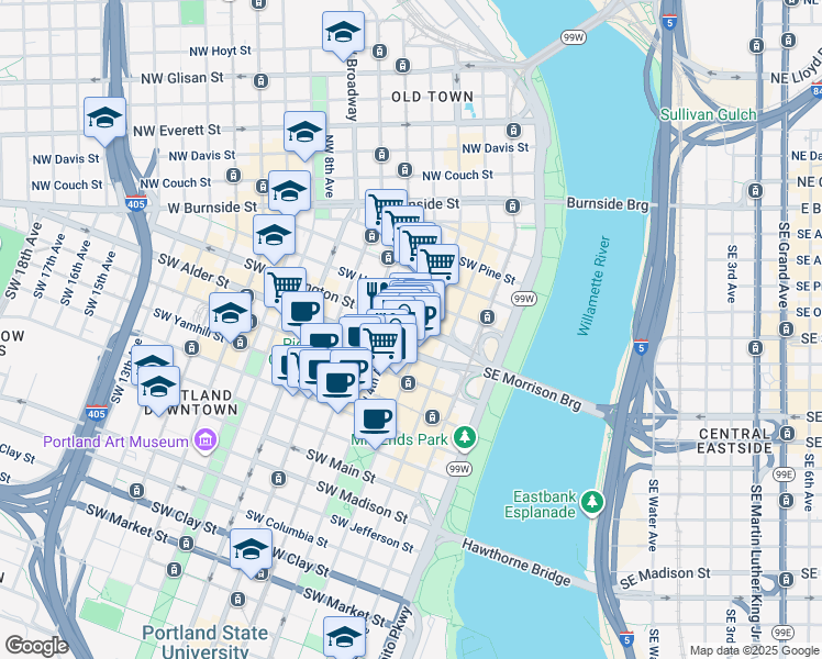 map of restaurants, bars, coffee shops, grocery stores, and more near 320 Southwest Alder Street in Portland